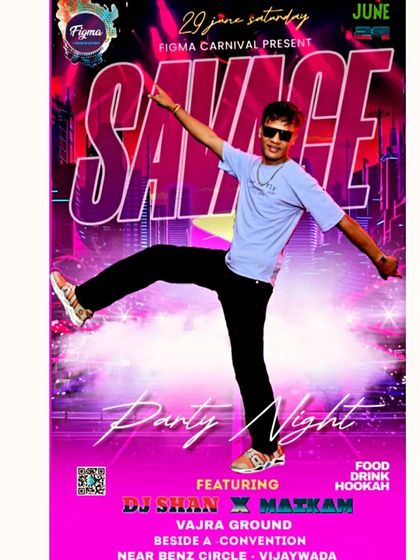 A poster for the "Savage Party Night" at the Figma Carnival Festival in Vijayawada.