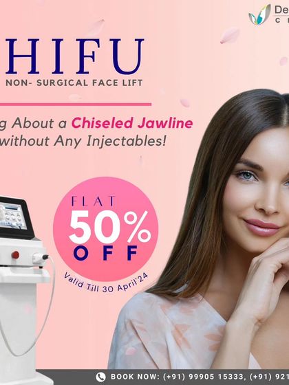 A promotional image for our HIFU non-surgical facelift, offering a flat 50% discount. This treatment is ideal for achieving a chiseled jawline and tighter skin without any injectables.