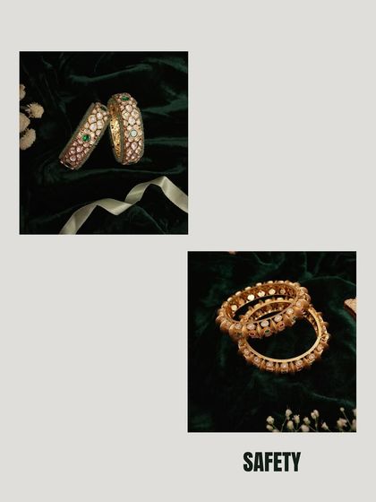 This 'Safety' themed collage uses a deep, comforting green velvet to create a sense of security and elegance, making these beautiful bangles look timeless and treasured.