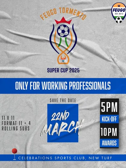 Save the date for the Super Cup 2025. This poster details the 11v11 format with rolling subs, designed specifically for our working professionals.