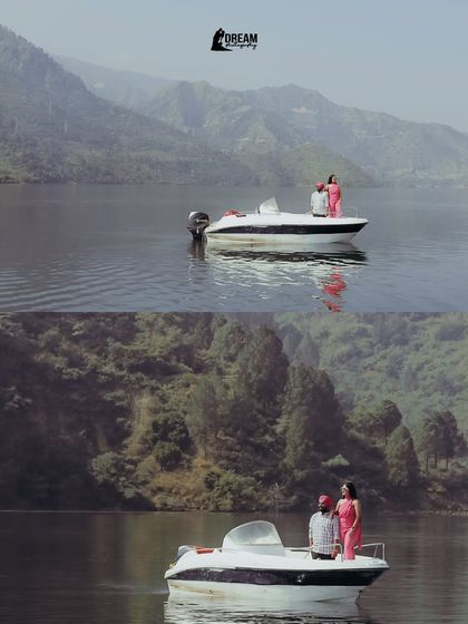 A diptych showing the couple on a speedboat on the Tehri Dam lake in Rishikesh, capturing the grandeur of the location from different angles.
