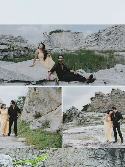 This collage captures the scale of the quarry, showing the couple in different parts of the vast landscape. It highlights the adventurous spirit of a location shoot like this.