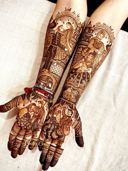 A heavy bridal design filled with joyous moments, including sangeet dance figures, couple portraits, and family scenes.