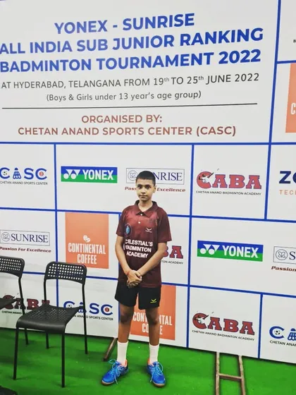 A student representing our academy at the Yonex-Sunrise All India Sub Junior Ranking Badminton Tournament 2022 in Hyderabad. We ensure our players get exposure at major national events.