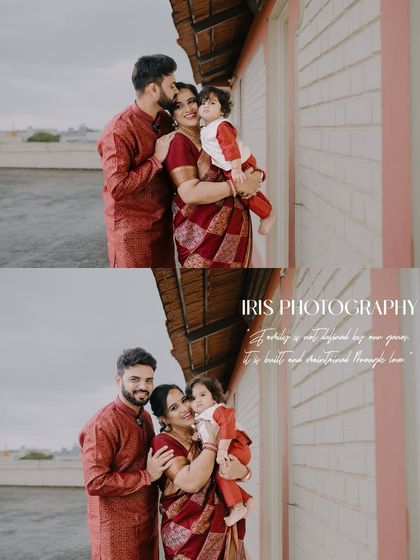 A family portrait taken outdoors, showing parents and their two children in matching outfits. The images capture both posed and candid moments of affection and family connection.
