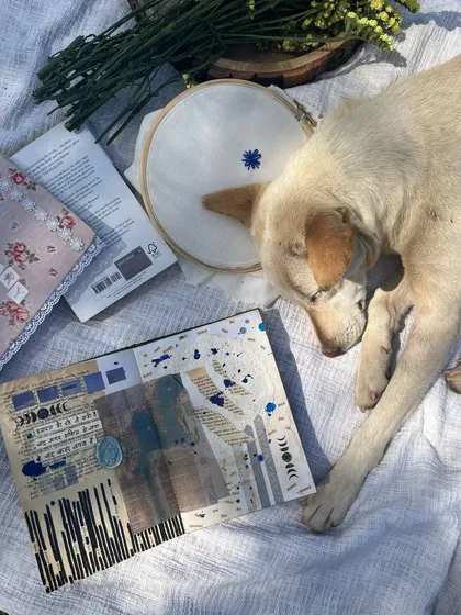 A peaceful moment captured during a picnic, with my dog sleeping next to my art supplies and a finished collage page.