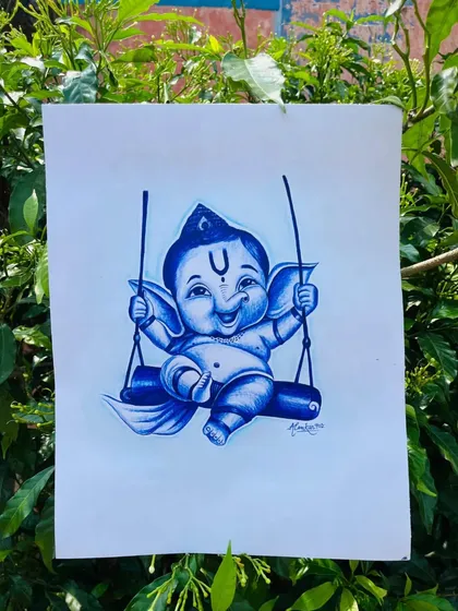 The completed Ganpati Bappa sketch, ready to be framed. This playful depiction is one of my most requested pieces.