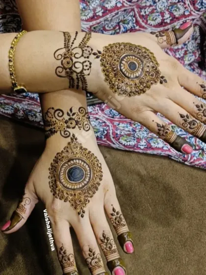 A stylish and modern take on mandala art. The designs are different on each hand, creating a trendy, asymmetrical look.