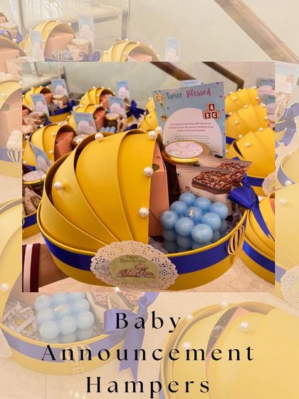 A collage showcasing the details of our baby announcement hampers, perfect for sharing your news with style and heart.