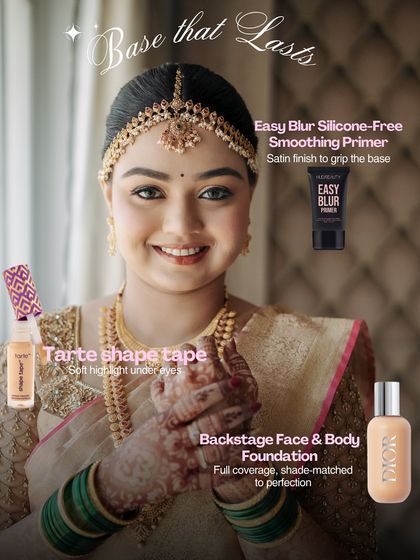 A base that lasts. This graphic shows the primer, concealer, and foundation combination used to create a full-coverage, satin-finish base that stayed perfect all day.