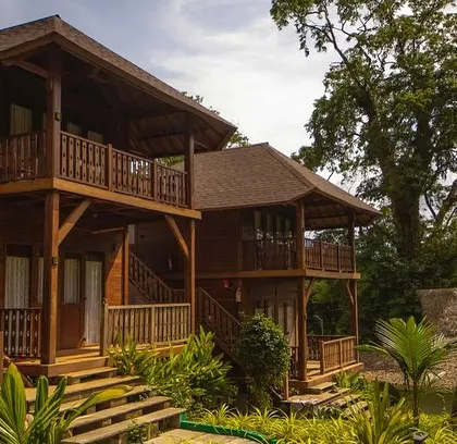 The beautiful wooden cottages of the Big Tree Resort in the Andamans.