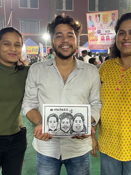 A group of friends enjoying their caricature at the Parel food festival. It's a fun keepsake to remember the day with.