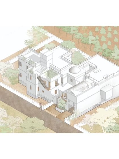 An isometric drawing of the Professor's Residence, showing its complex massing with multiple courtyards, terraces, and vaulted roofs. The drawing gives a clear overview of how the different public and private spaces connect.
