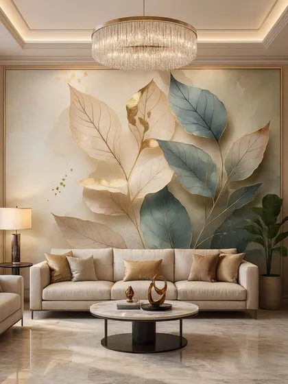 This wallpaper features large, soft-toned 3D leaves with golden accents, creating a calm and luxurious feel. It's a perfect backdrop for a modern and elegant living space.