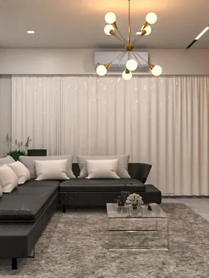 A 3D render of a sophisticated living room with a black leather sectional, a marble-faced TV unit, and elegant lighting.