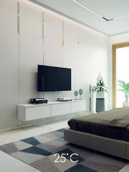 This minimalist bedroom design uses a clean white palette with subtle metallic inlays on the wall for a touch of elegance. A floating media console maintains the uncluttered feel, creating a bright and airy atmosphere.