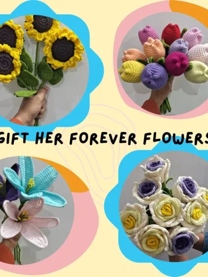 A collage of our 'Forever Flowers'. From sunflowers and tulips to lilies and roses, we can create a custom bouquet with your favorite flowers in your favorite colors.
