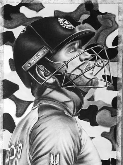 A step-by-step look at my tribute portrait of MS Dhoni. These images show the meticulous work of drawing the helmet, face, and jersey details over 90 hours.