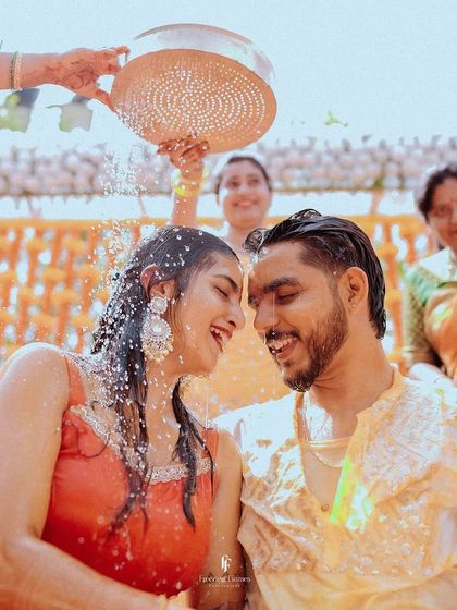 The pure delight on the couple's faces during their Haldi ceremony. Capturing this level of unrestrained joy is what makes being a wedding storyteller so rewarding.