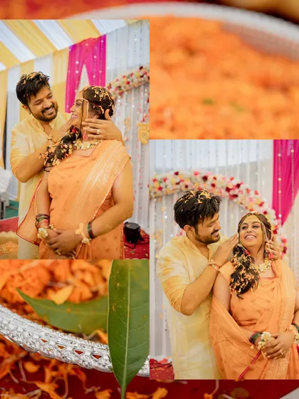 A collage showing the groom lovingly applying haldi to his bride, a sweet and intimate moment during the ceremony.