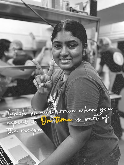 Lunch should arrive when you expect it. On-time is part of the recipe. Here's Sapna, who helps manage our orders and ensures everything runs smoothly.
