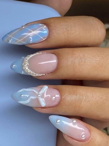 A close-up look at the details of this beautiful blue and pink set. Note the delicate pearl crescent moon, the hand-painted plaid, and the perfectly sculpted 3D bows.