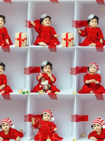 A fun composite image showing all the adorable poses from a Christmas 'baby in a box' session.