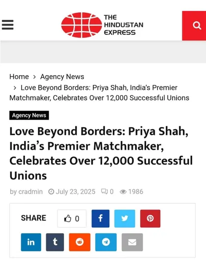 Various publications like India Times, India Today, Ahmedabad Mirror, and The Hindustan Express have featured my success in arranging over 12,000 marriages. They recognize me as India's No. 1 and World's No. 3 Matchmaker, cementing my reputation as a pioneer in the industry.
