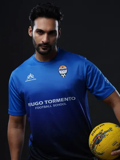 A professional studio shot of Sam, a fashion model and player from our Malad Working Professionals batch. He's now a striker for our MFA Division 3 squad, showing the path from passion to competitive play.