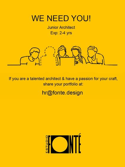 A bold, yellow ad from Estudio Fonte in Bangalore for a Junior Architect with 2-4 years of experience.