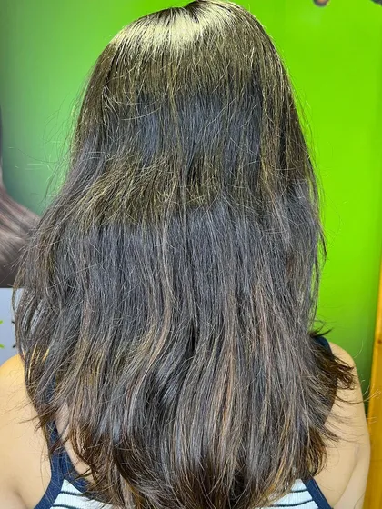 The starting point for a golden light brown highlights service.