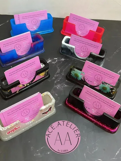 My resin cardholders in action, holding my business cards. They are not just functional but also a statement piece for any professional's desk.