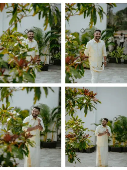 A collage of the groom in his traditional mundu, captured in candid moments as he walks through the venue.