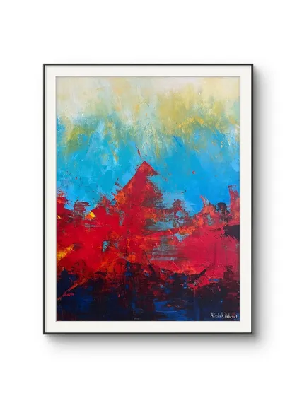 A piece from my 'Rise' series, this abstract painting contrasts fiery red against a serene blue and yellow sky. The bold, textured strokes create a sense of upward movement and raw energy, perfect for a modern interior.