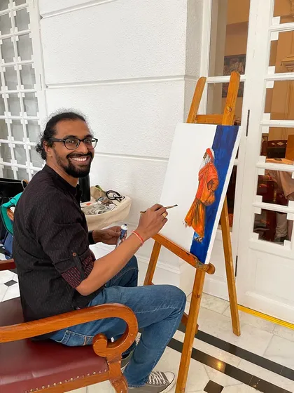 A smiling shot of me working on the Independence Day painting.