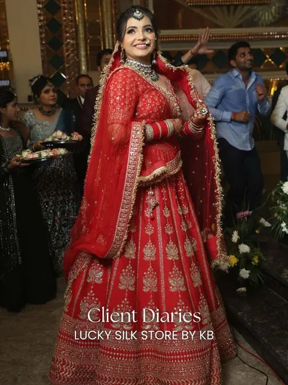 Nothing makes me happier than seeing my clients shine. Here’s one of my beautiful brides looking absolutely radiant in a classic red wedding lehenga. This is the real-life magic I strive for.