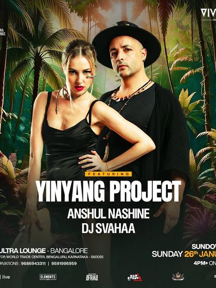 A poster for a Republic Day sundowner featuring the Yin-Yang Project. The design uses jungle and tropical motifs to create a unique, organic vibe for the event.