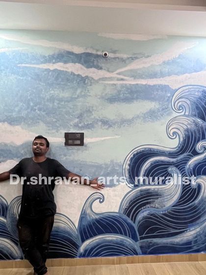 Here's the full view of the Japanese-style wave mural. The combination of a textured sky and clean, linear waves creates a powerful and artistic statement.