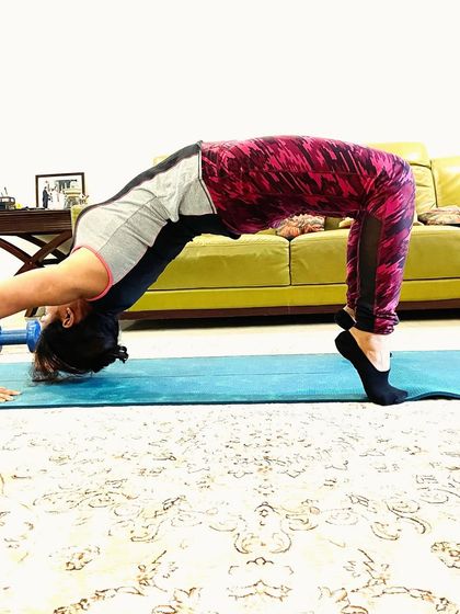 This is the bridge pose, another excellent yoga asana for strengthening the back and glutes. Consistency with yoga has made a huge difference in my strength and flexibility over the last few years.