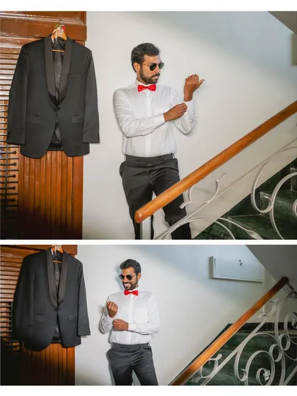 A diptych of the groom getting ready. These stylish shots capture him adjusting his cuffs, creating a cool and classic portrait.