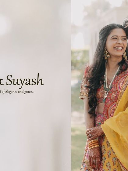 A text-and-image combination for Tanya and Suyash, describing their story as a blend of elegance and grace. The photo captures their happy, natural interaction.