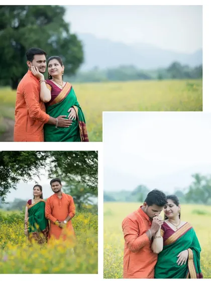 A collage of three romantic moments from an outdoor maternity shoot in a field. The images capture different poses, including the partner kissing her hand and a classic embrace, showcasing the variety of shots in a single session.