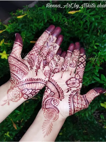 The rich, reddish-brown color of a mature henna stain. This is the result of using pure henna and proper aftercare.