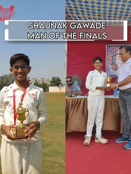 A collage celebrating Shaunak Gawade's 'Man of the Finals' award at the ASMC U-12 tournament.