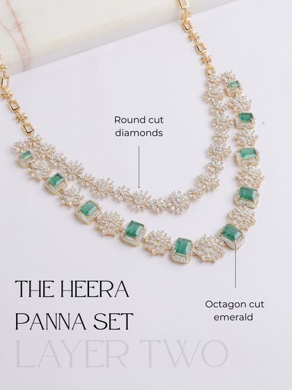 A detailed view of the second layer of the Heera Panna set. This piece features octagon-cut emeralds surrounded by clusters of round-cut diamonds, beautiful on its own or layered.