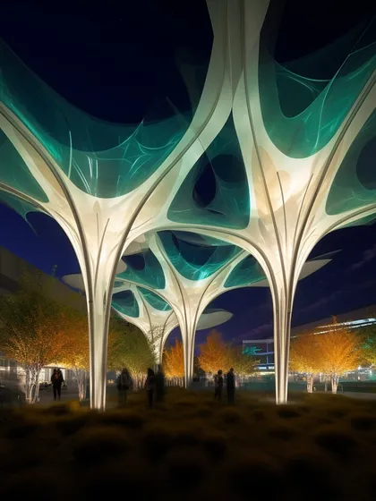 The Meadows Plaza at the base of the Meta Tower, featuring ethereal, tree-like light structures. This space is a nod to the history of Las Vegas, "The Meadows," recreated as a magical escape in the metaverse.