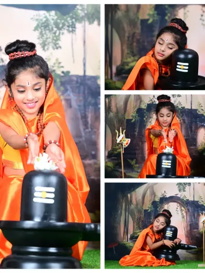 A collage of a 3-year-old girl in a Lord Shiva-themed shoot, showing her in various devotional poses.