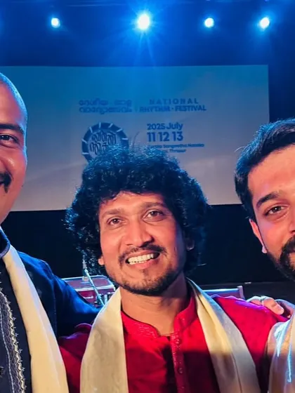 A selfie with fellow musicians Sukhad Munde and Santosh Ghante after our duet at the National Rhythm Festival in Kerala.