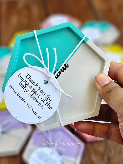 These personalized name coasters are one of my best-selling items for return gifts. This set was for a baby shower, and I love how the pastel colors and custom tags turned out. Each coaster is handcrafted from eco-resin, making it a unique and thoughtful present.