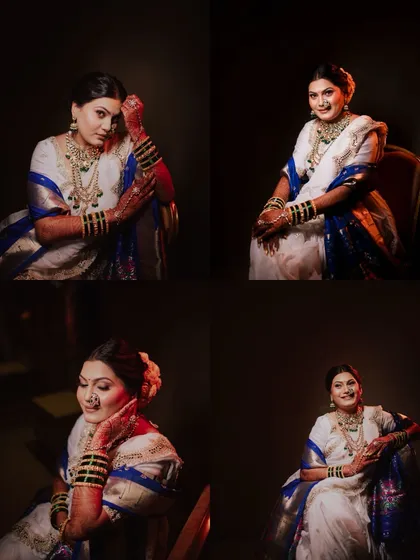 A collage of beautiful and candid bridal portraits, capturing different expressions and moods.